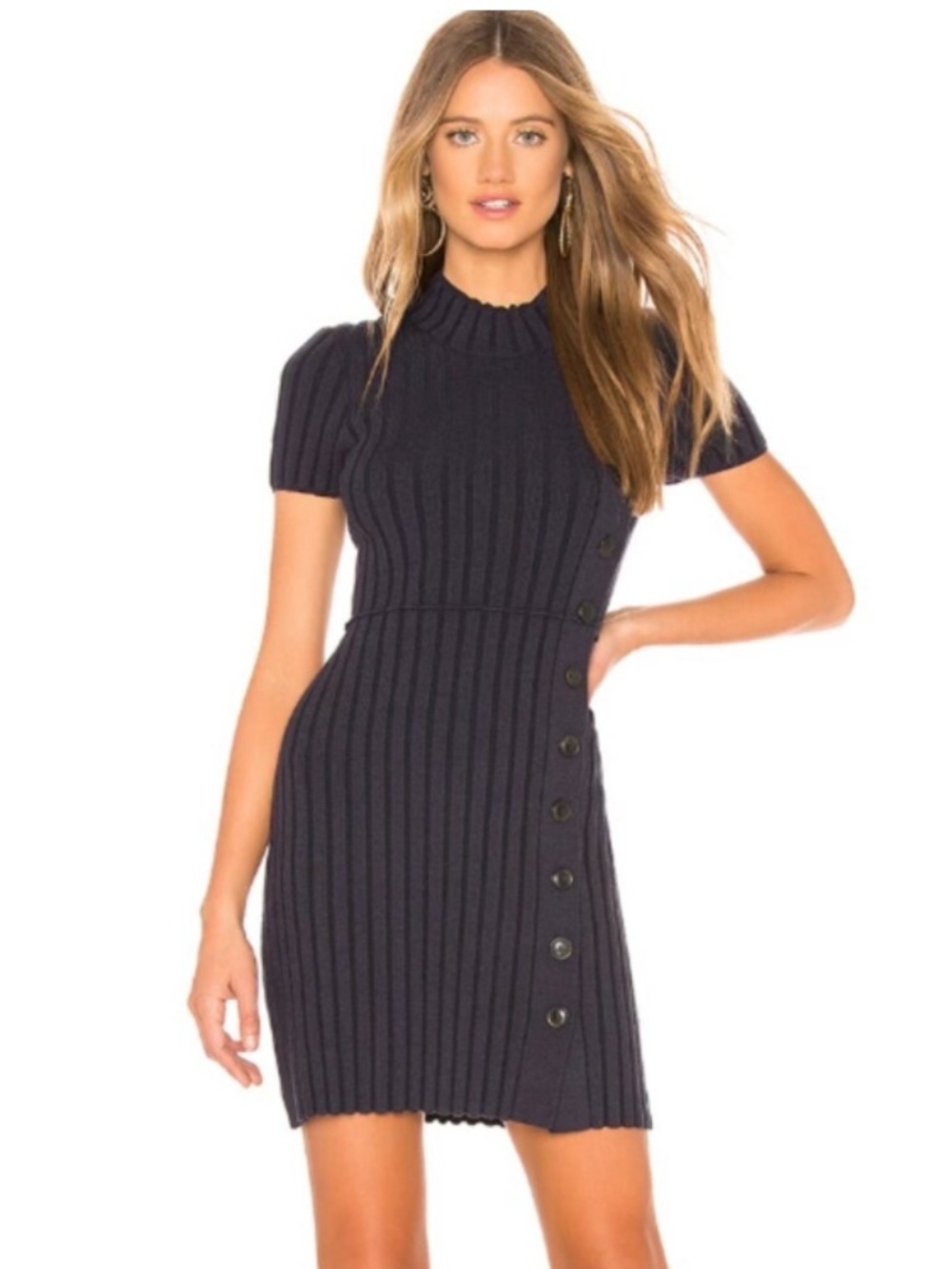 Free People Navy Ribbed Sweater Dress Side Button Mock Neck Bodycon Mini Size XS